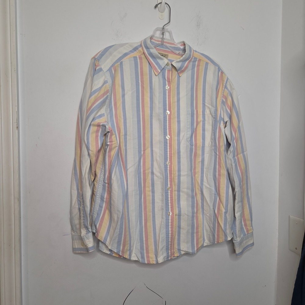 LL Bean Womens Large Cotton Oxford Button Down Shirt Pastel Vertical Stripe L